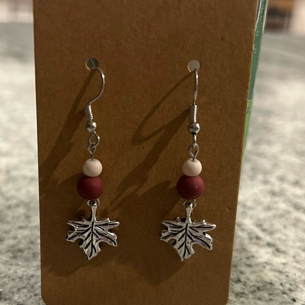 Fall Earrings - silver leaves dangling from cranberry and off-white beads
